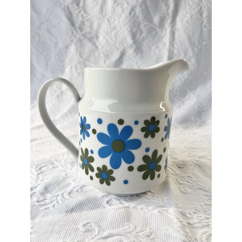 Vintage 60's Blue Green Floral Pitcher Whimsy Home Decor - Picture 2 of 4